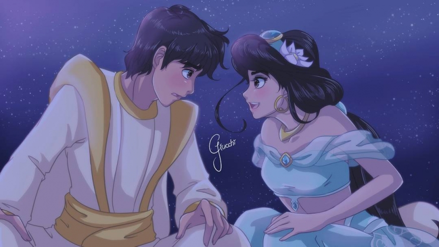 Aladdin and Princess Jasmine in anime style