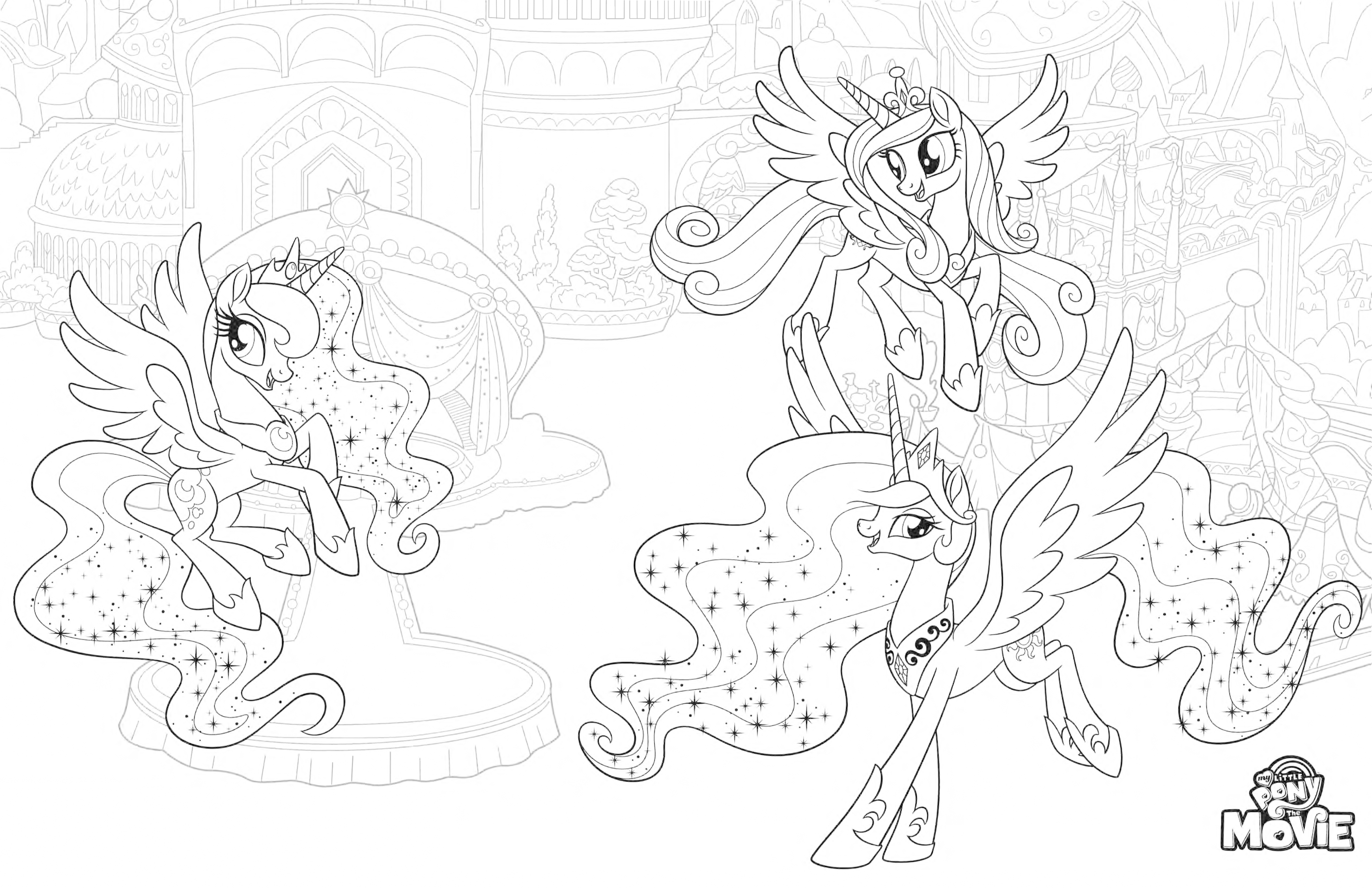 My Little Pony The Movie coloring page with princess ponies Luna Cadence Celestia