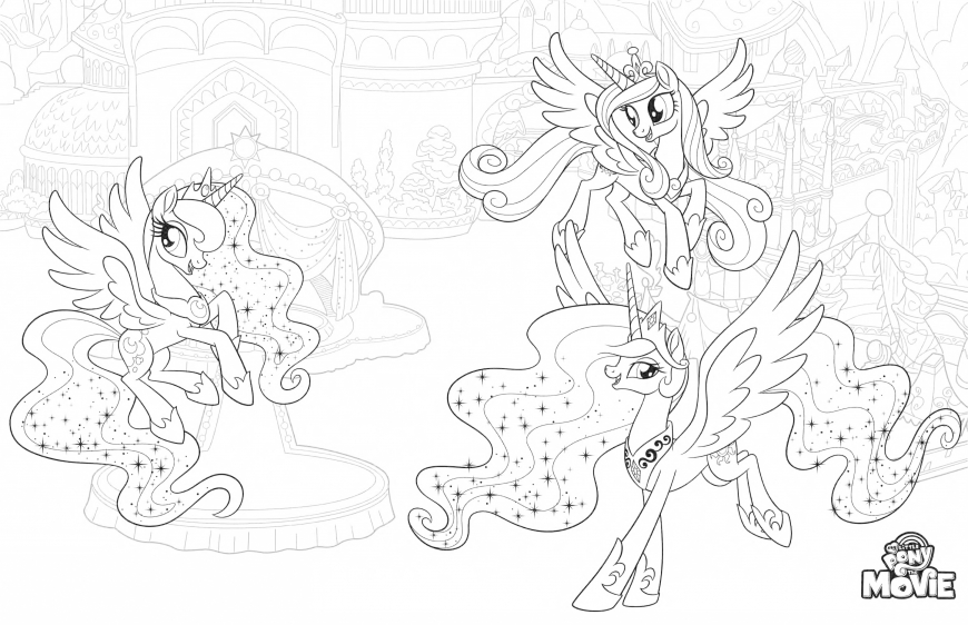 My Little Pony The Movie coloring page with princess ponies - Luna, Cadence, Celestia