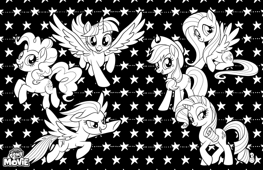 My Little Pony The Movie coloring page with ponies on dark background