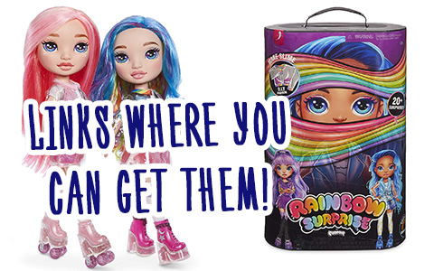 You can finally get Poopsie Rainbow Surprises dolls online -  Purple or Blue  and Rainbow or Pink!  They're on sale.