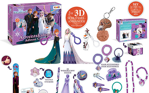 Frozen 2 Advent Calendar 2020 with figure key chans, stationery, hair accessoires and more from CRAZE