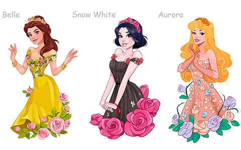 Disney Princesses in floral dresses and flower crowns