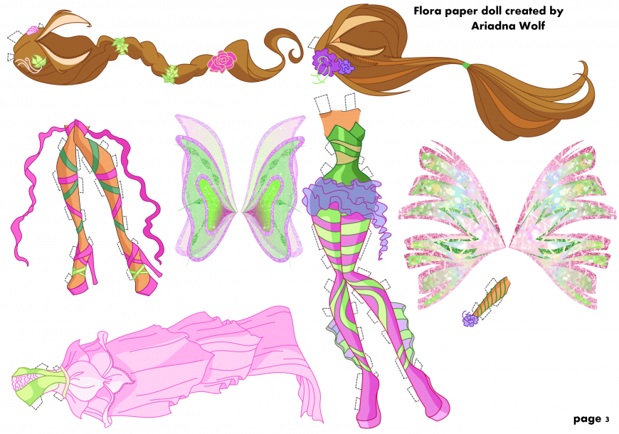 Winx Club Flora paper doll with clothes and hair