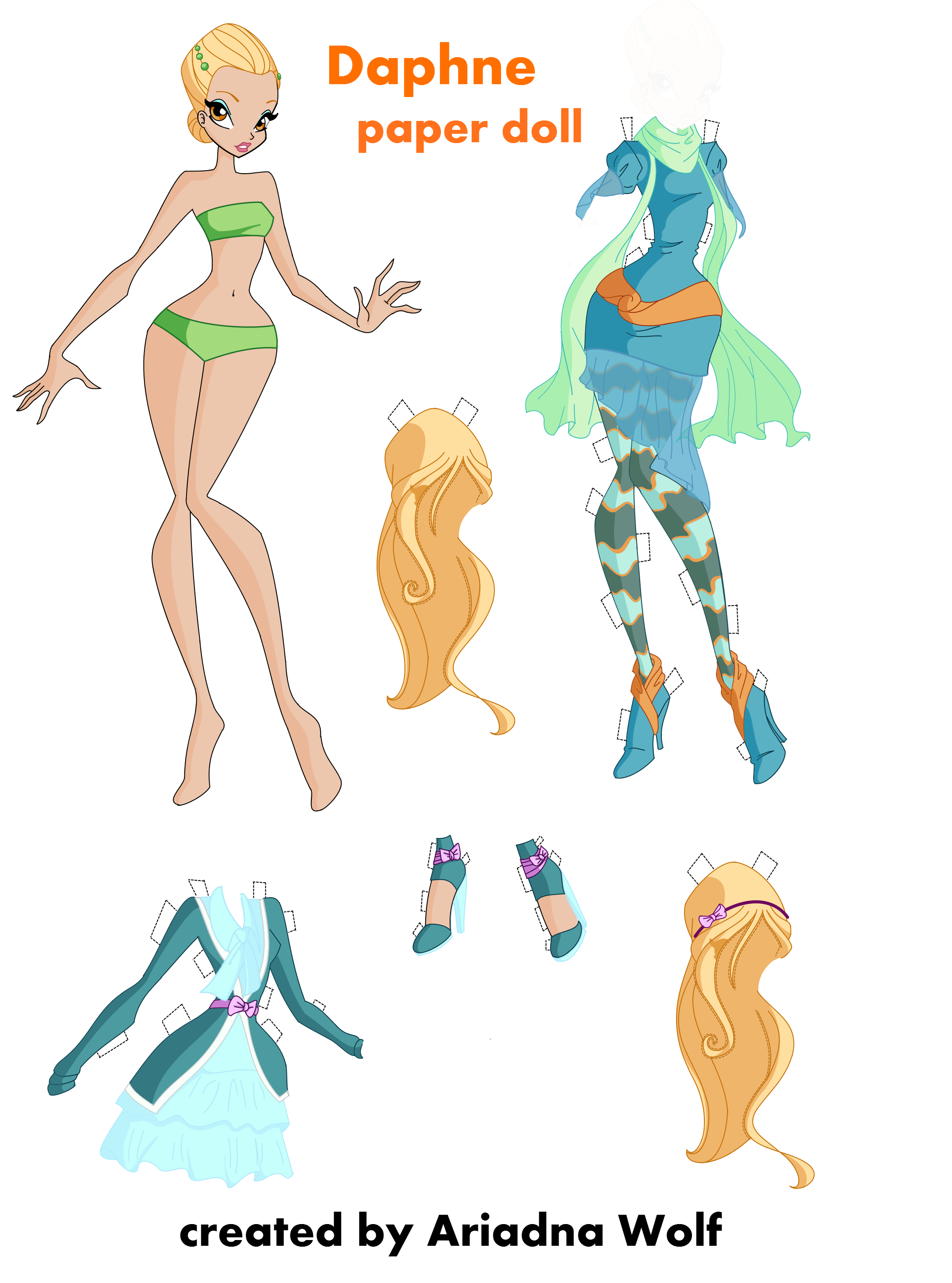 Winx Club Daphne paper doll with clothes and hairstyles 