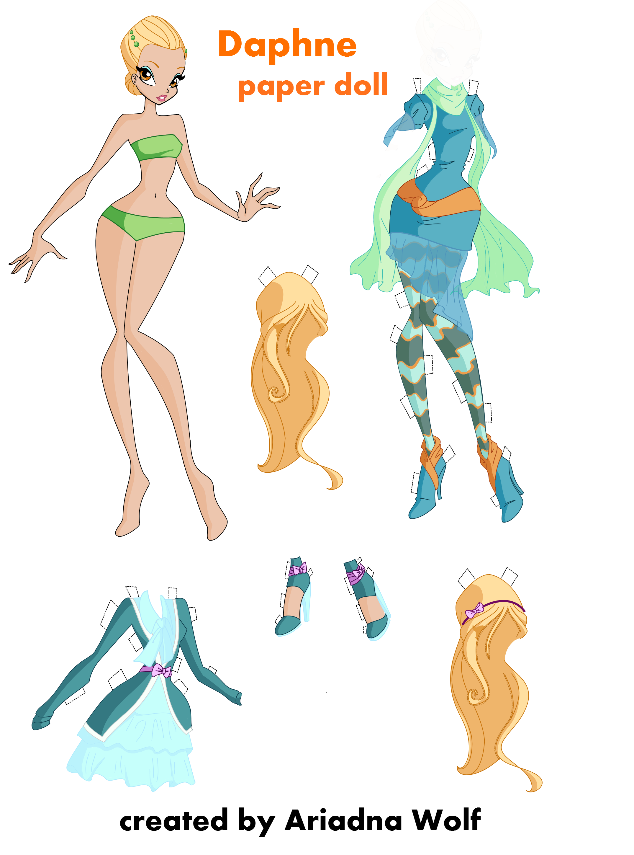 Winx Club Daphne paper doll with clothes and hairstyles