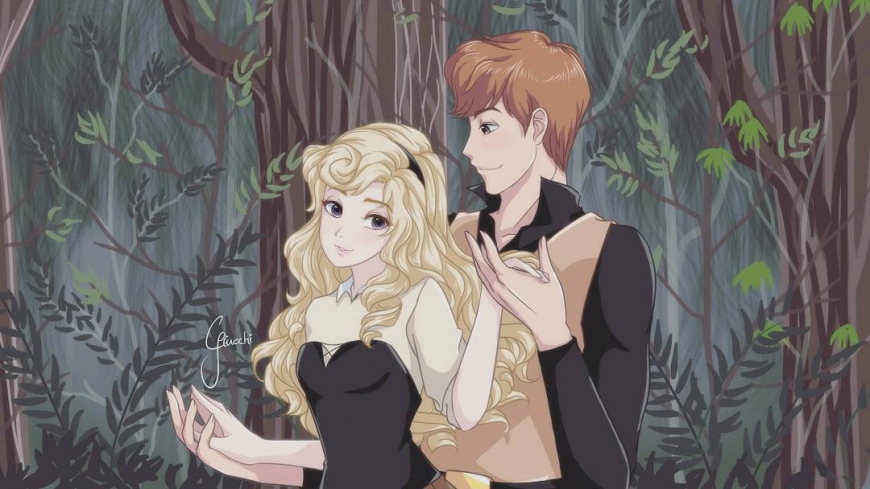 Princess Aurora and Prince Phillip in anime style