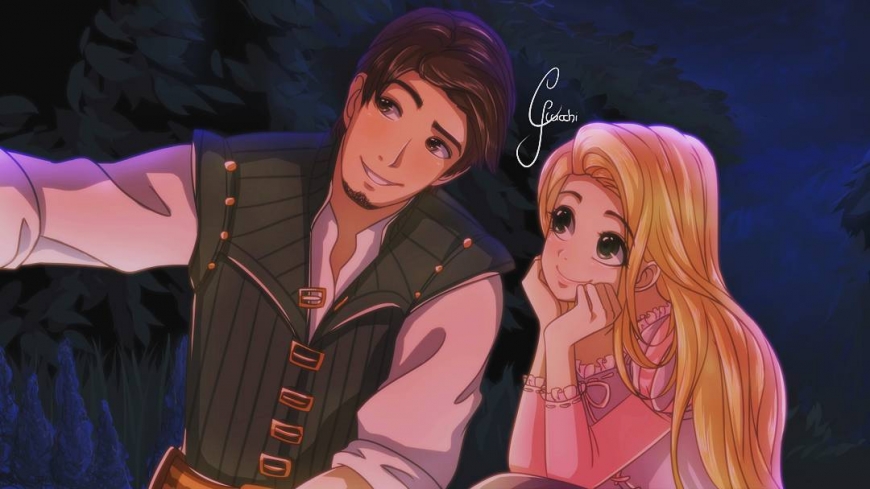 Flynn Rider and Rapunzel in anime style