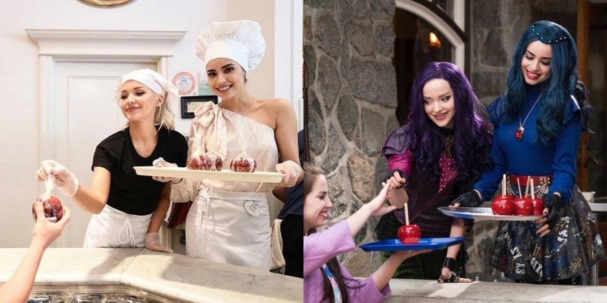 Sofia Carson and Dove Cameron in Descendants and in real life