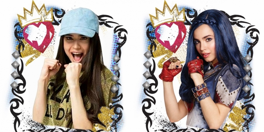 Sofia Carson and Dove Cameron in Descendants and in real life