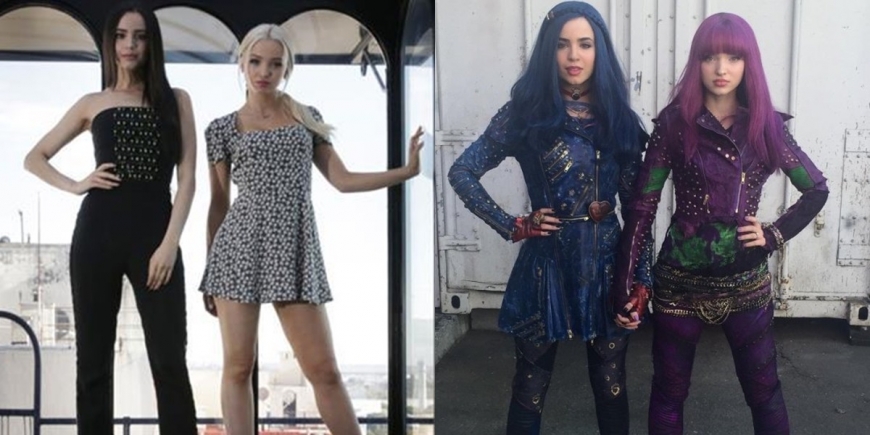 Sofia Carson and Dove Cameron in Descendants and in real life