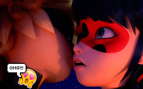 Miraculous Ladybug season 2: Cat Noir kisses Ladybug in gifs