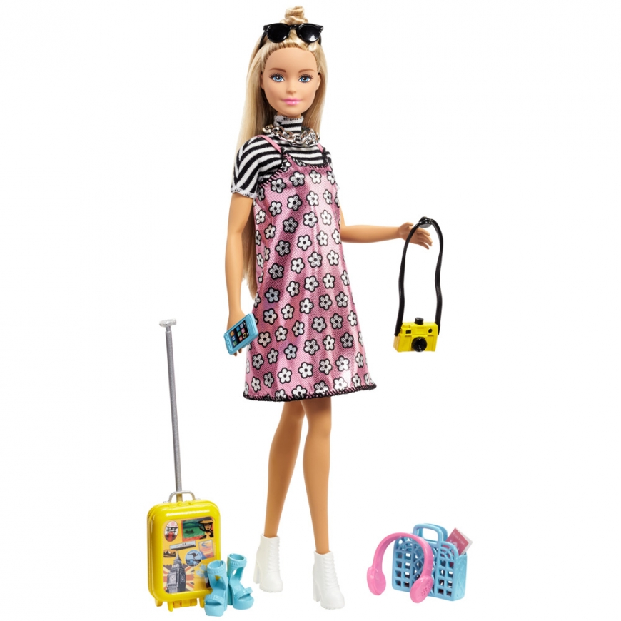 2018 Barbie Pink Passport Doll and Travel Accessory Set