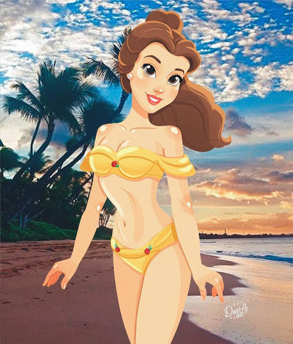 Disney Princess in swimsuits with real backgrounds.