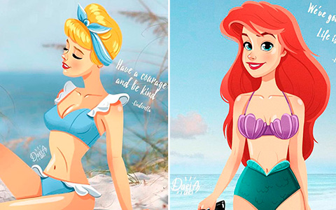 Disney Princess in swimsuits with real backgrounds