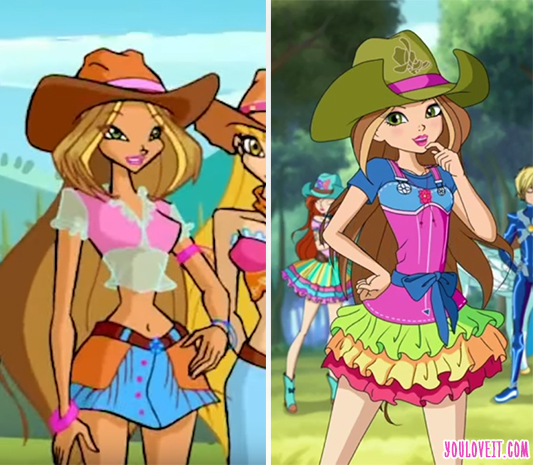 Winx Club Flora cowboy outfit in season 4 vs season 8