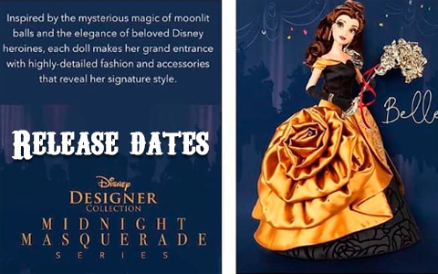 Disney Designer Collection Midnight Masquerade art images of Belle, Cinderella, Esmeralda, Tiana, Rapunzel, Meg, Aurora and Giselle