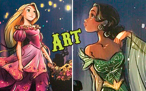 Disney Designer Collection Midnight Masquerade art images of Belle, Cinderella, Esmeralda, Tiana, Rapunzel, Meg, Aurora and Giselle