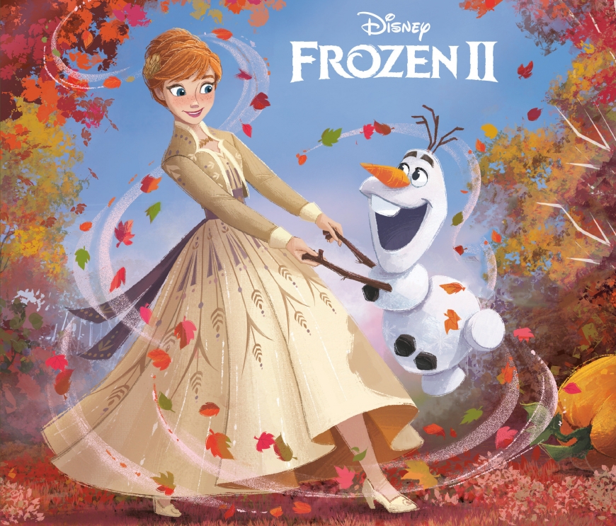 Frozen 2 Anna in engagement dress with Olaf in the autumn leaves
