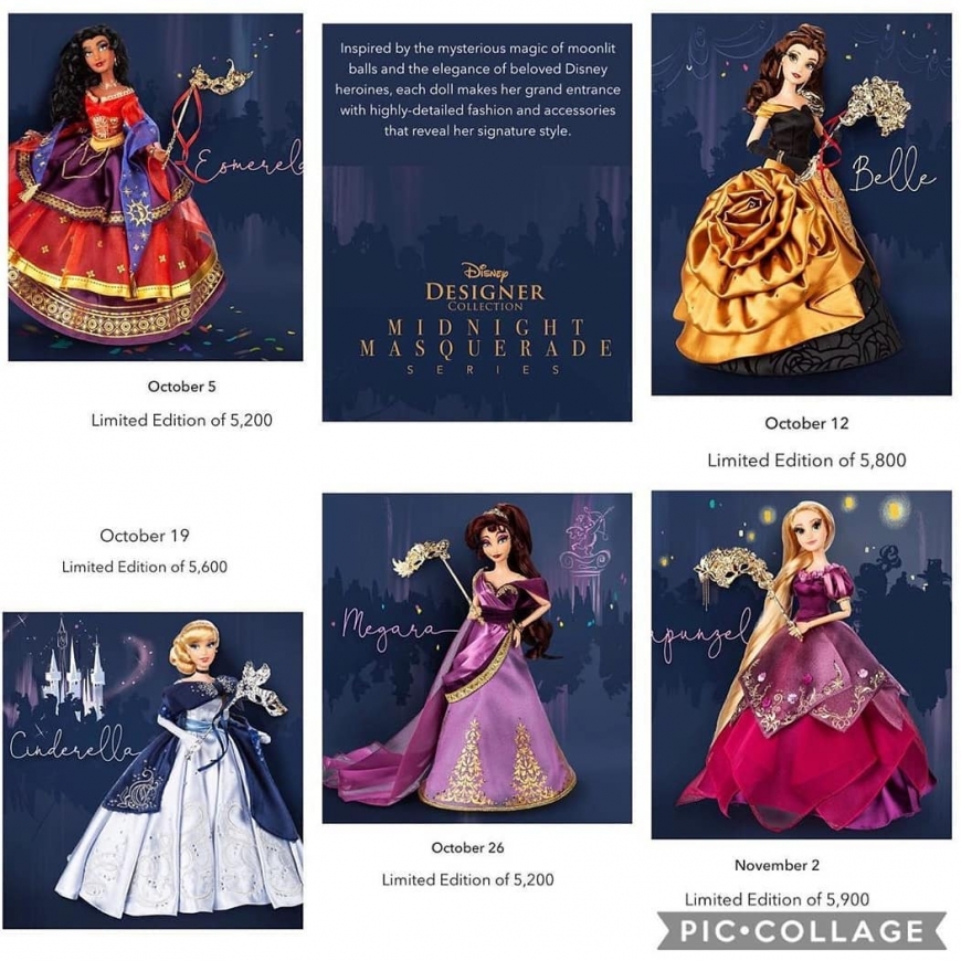 Limited Edition Disney Designer Collection Midnight Masquerade dolls release date for Cinderella, Belle, Meg, Rapunzel and Aurora