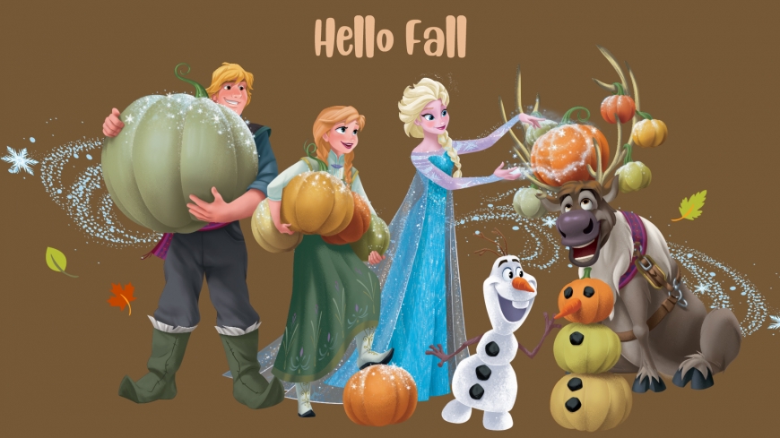 Hello Fall image with Elsa, Anna, Kristoff, Swen and Olaf from Frozen