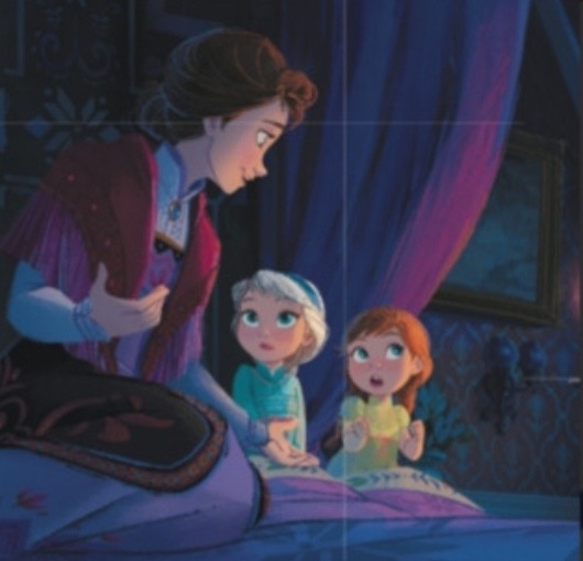 Kids Elsa and Anna listening to the Iduna's story about the distant lands of the north