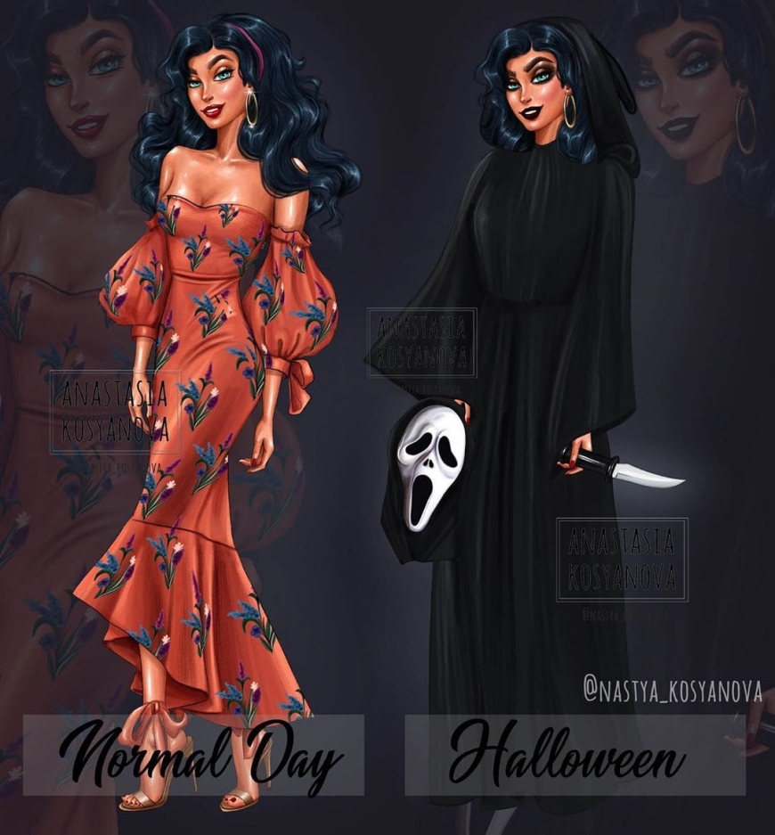 Esmeralda from the cartoon "Hunchback of Notre Dame" in the mask of the horror movie "Scream"