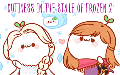 Frozen 2 anime styled images with cute creature dressed up as Elsa, Anna, Bruni, Olaf and Kristoff