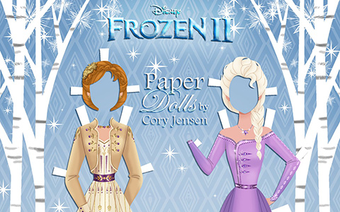 Frozen 2 Elsa and Anna paper dolls with clothing and dresses from the movie