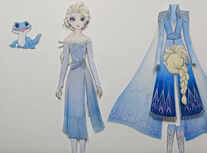 Frozen 2 Elsa paper doll with white dress, purple dress, night gown, travel dress set and double-sided hairstyles, video