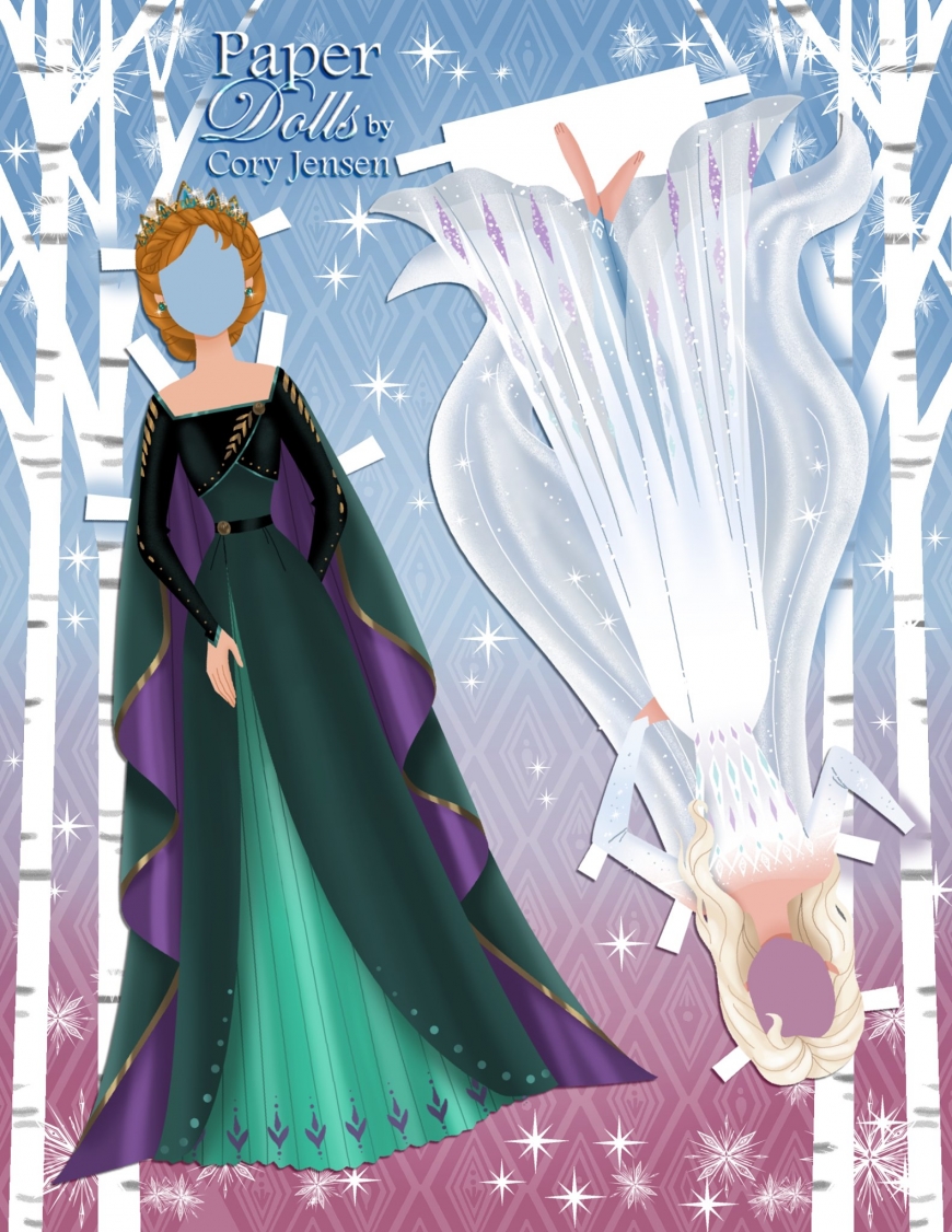 Frozen 2 paper dolls Elsa and Anna with clothing and hairstyles