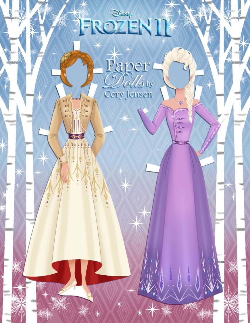 Frozen 2 paper dolls Elsa and Anna with clothing and hairstyles