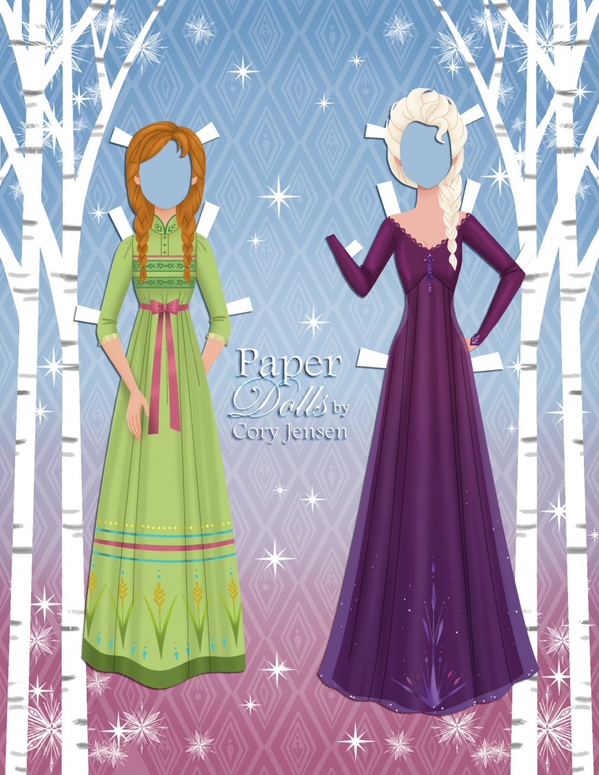 Frozen 2 paper dolls Elsa and Anna with clothing and hairstyles