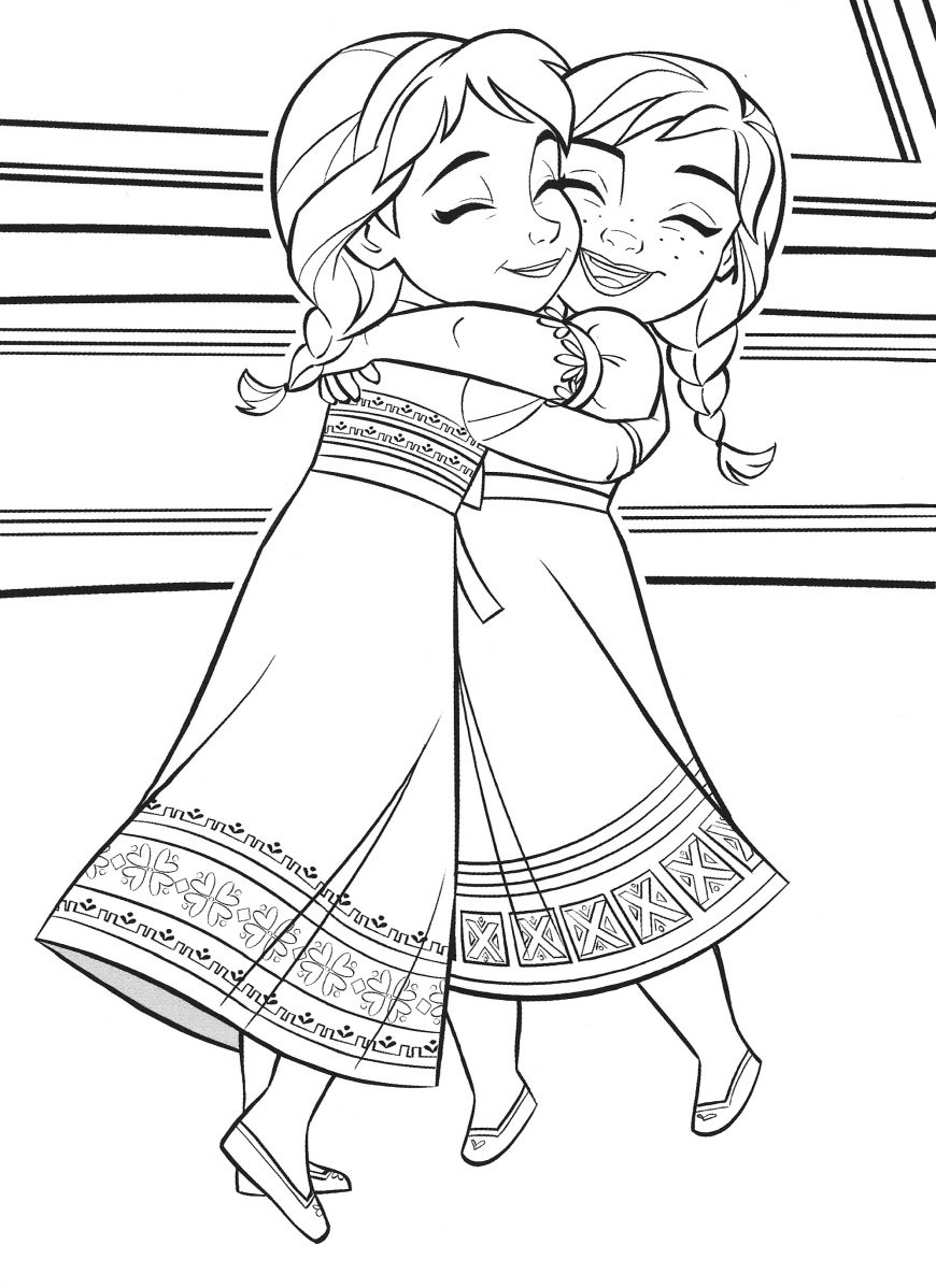 Frozen 2 coloring page baby Elsa hugs little Anna