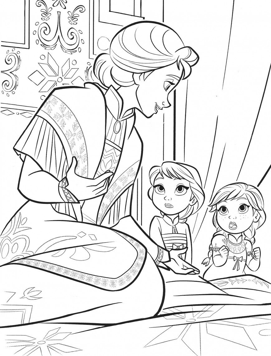 Frozen 2 coloring page Baby Elsa and Anna with mother queen Iduna