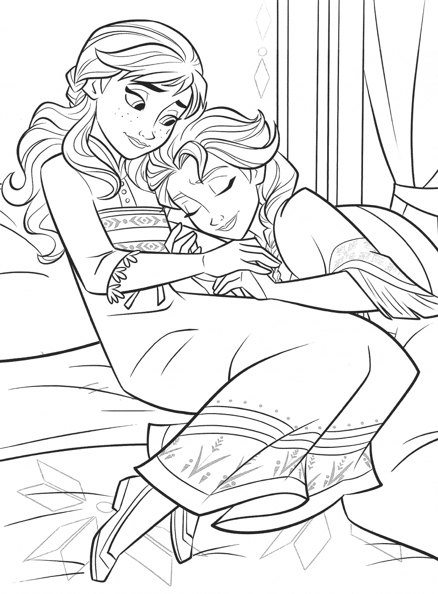 Frozen 2 coloring page Anna comforting falling asleep Elsa