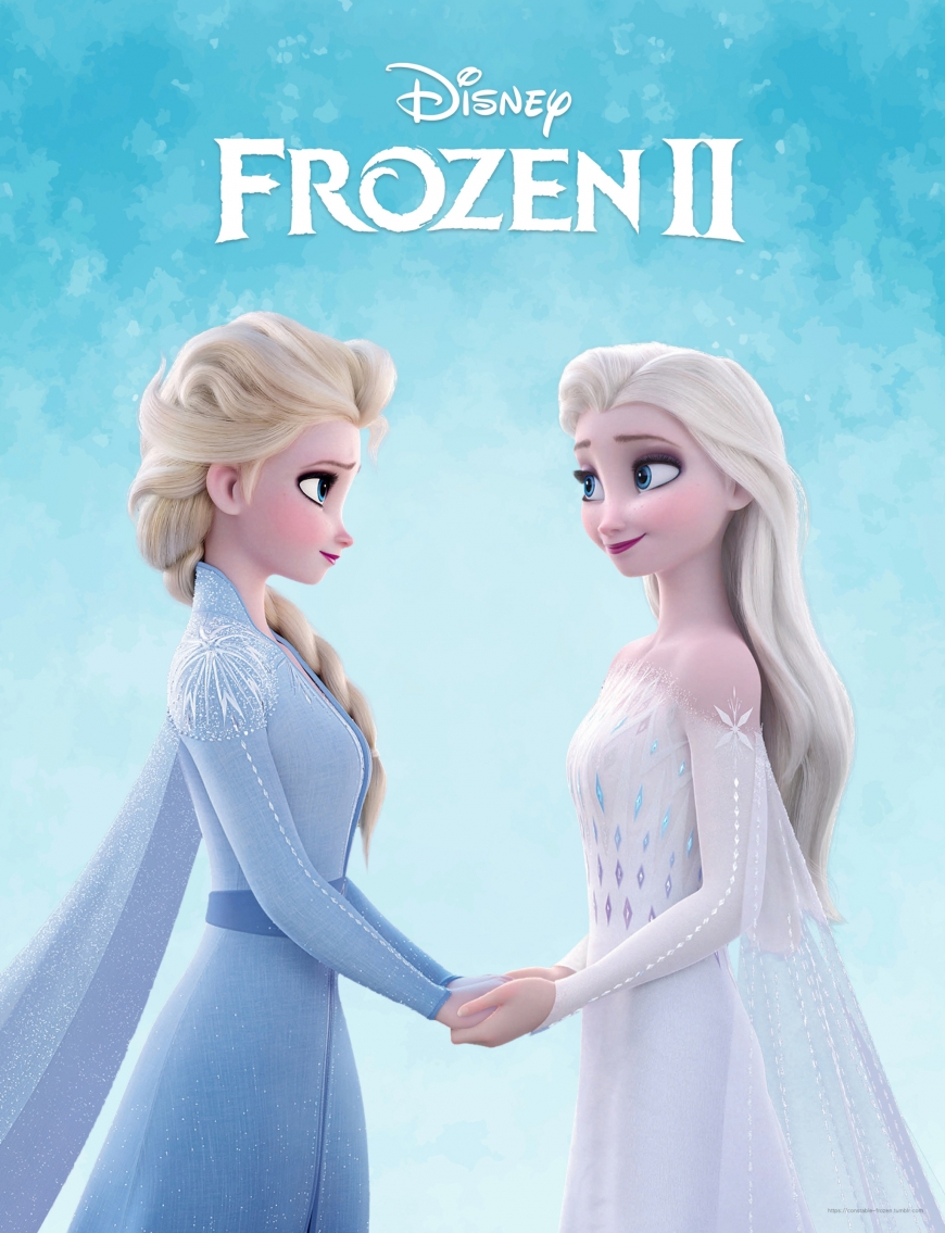 Frozen 2 picture of Elsa in white dress holding hands with Elsa from the beggining of the movie