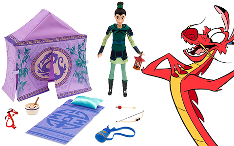 New Disney Store Mulan warrior doll campsite set with Mushu, Cri-Kee in cage, breakfast bowl accessories
