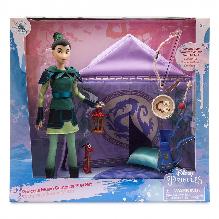 New Disney Store Mulan warrior doll campsite set with Mushu, Cri-Kee in cage, breakfast bowl accessories