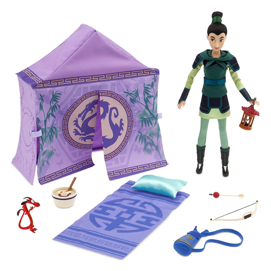 New Disney Store Mulan warrior doll campsite set with Mushu, Cri-Kee in cage, breakfast bowl accessories