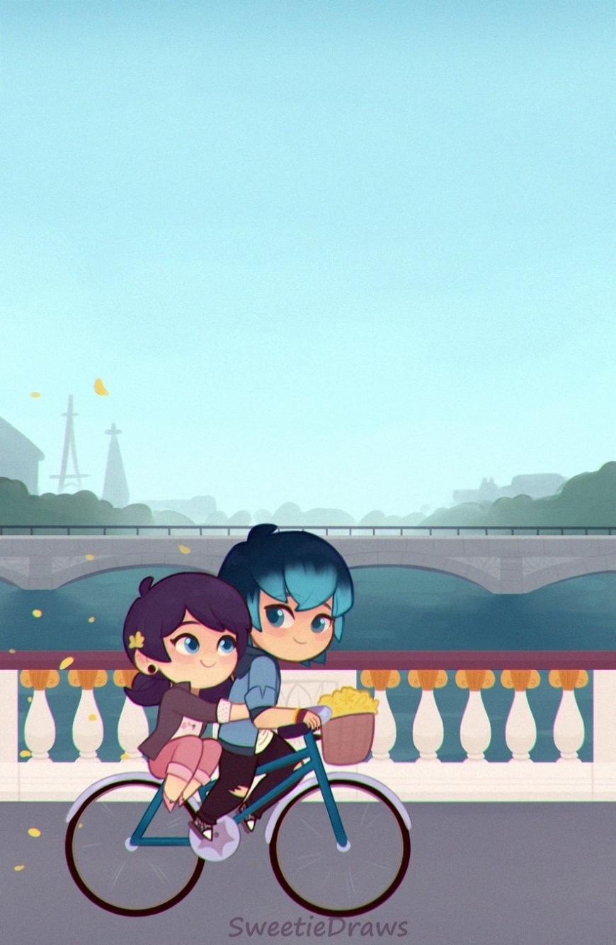 Supet cute phone wallpapers with Cat Blanc, Marinette and Luka on bike, and Kagami and Adrien