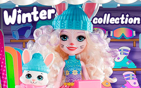 Enchantimals Snowy Walley 2020 winter themed dolls: Hoppin' Ski Chalet, Fishing Friends, Polar Bear, Rainey Reindeer, Penguin Ice Dancers, Hawna Husky and more
