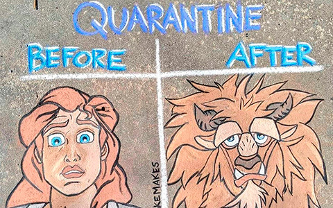 Disney characters about quarantine in beautiful sidewalk chalk drawings