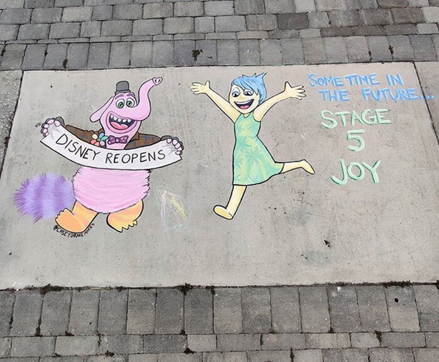 Disney characters about quarantine in beautiful sidewalk chalk drawings