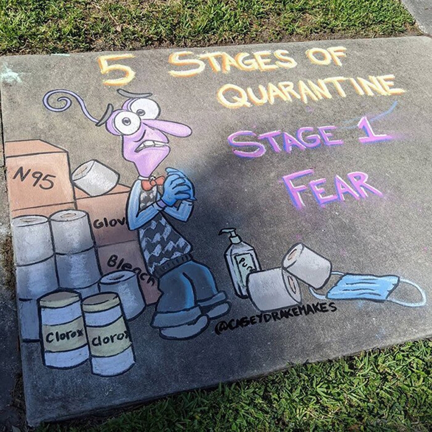 Disney characters about quarantine in beautiful sidewalk chalk drawings