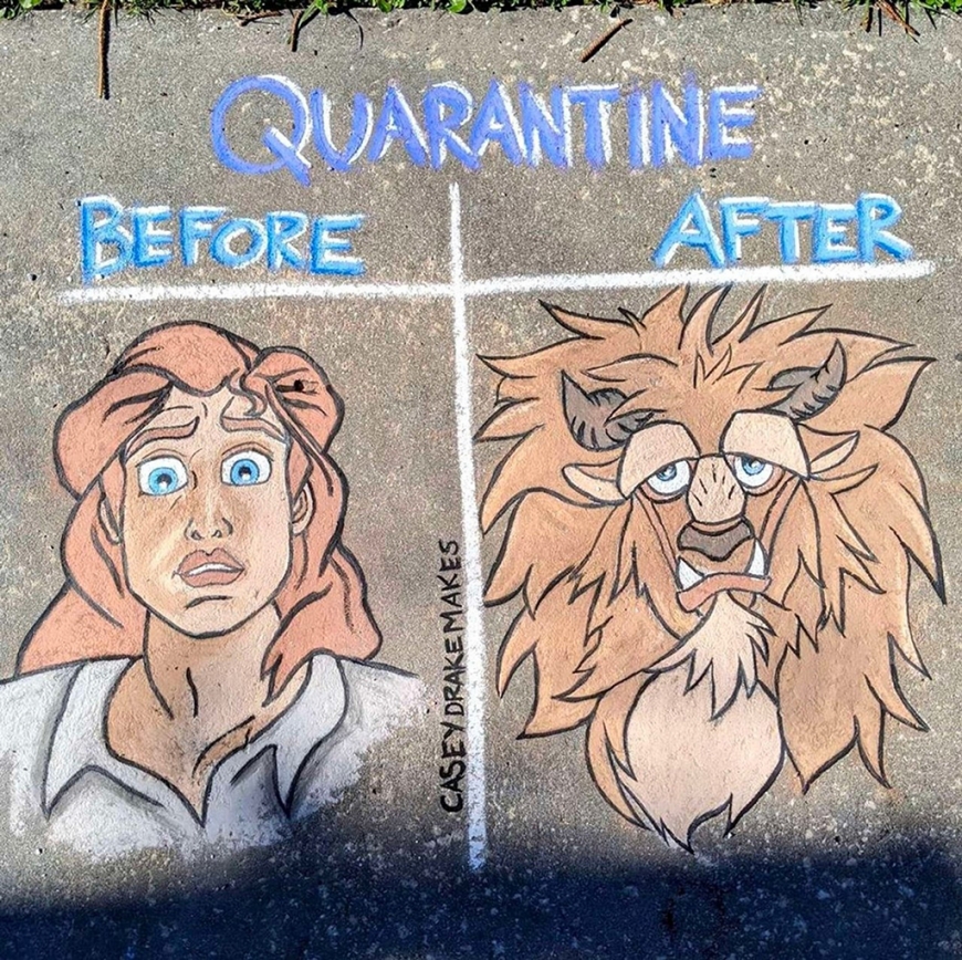 Disney characters about quarantine in beautiful asphalt chalk drawings