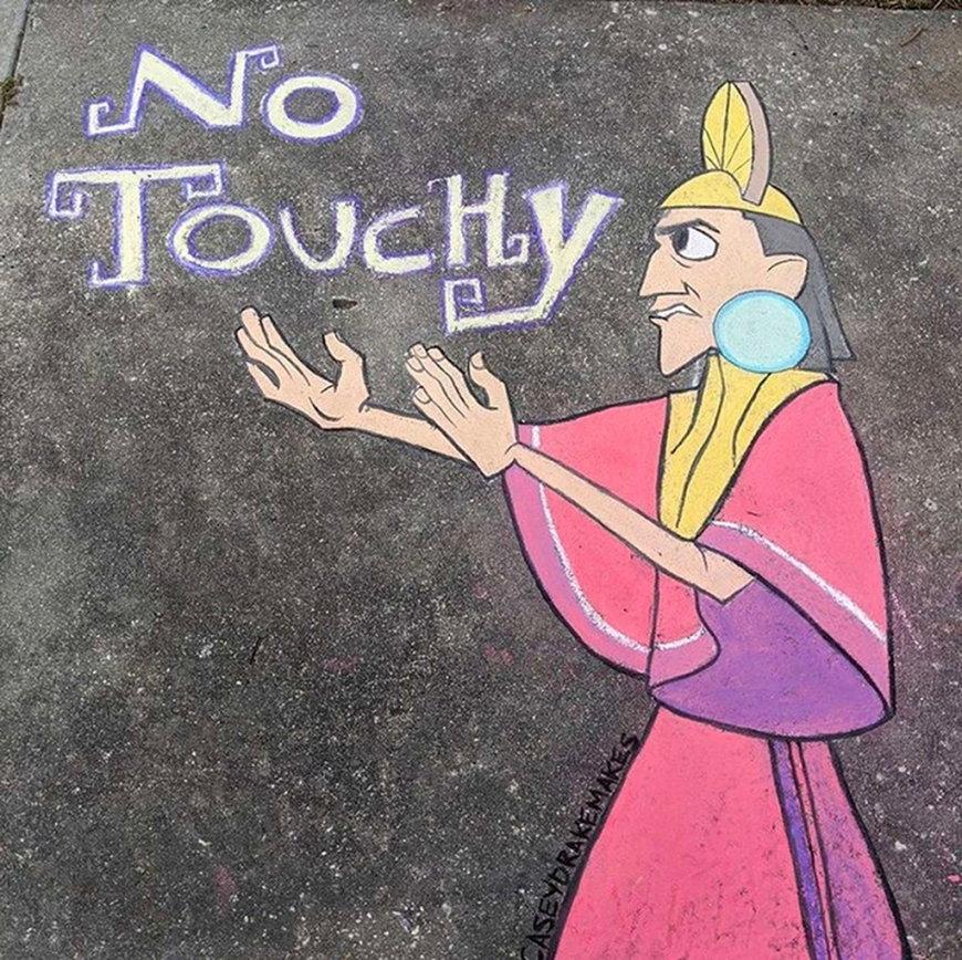 Disney characters about quarantine in beautiful asphalt chalk drawings