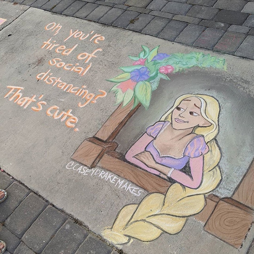Disney characters about quarantine in beautiful asphalt chalk drawings