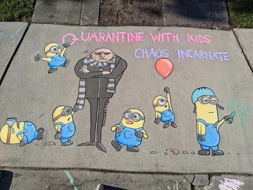 Disney characters about quarantine in beautiful asphalt chalk drawings