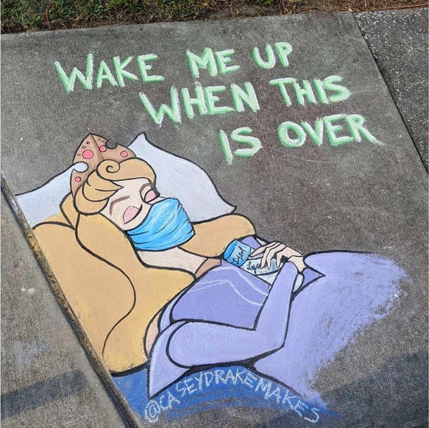 Disney characters about quarantine in beautiful asphalt chalk drawings